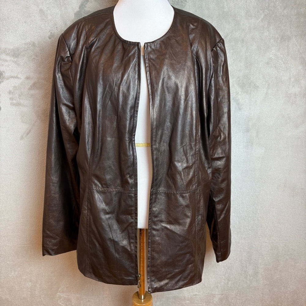 Joni B. Jacket Brown Faux Leather Collarless Zip Long Sleeve Lined Size 1X